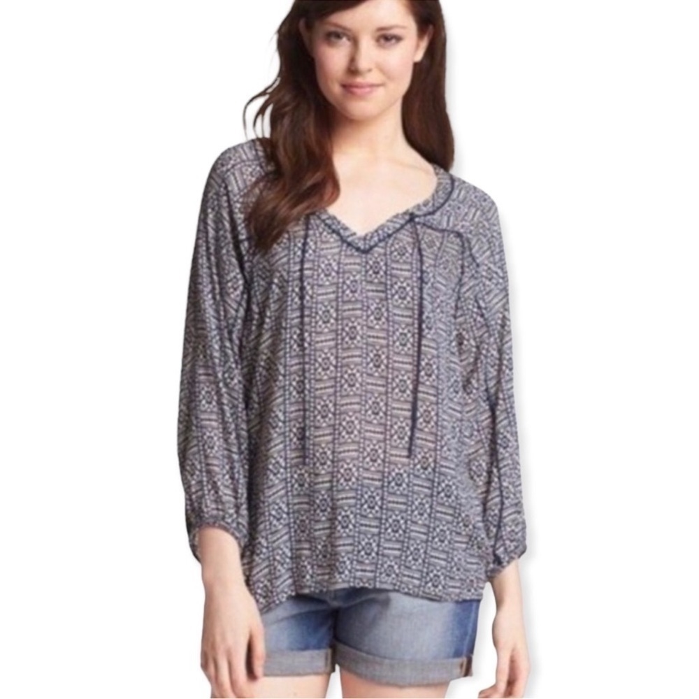 John Robshaw x Lucky Brand batik top, geometric pattern blue and white, sz M